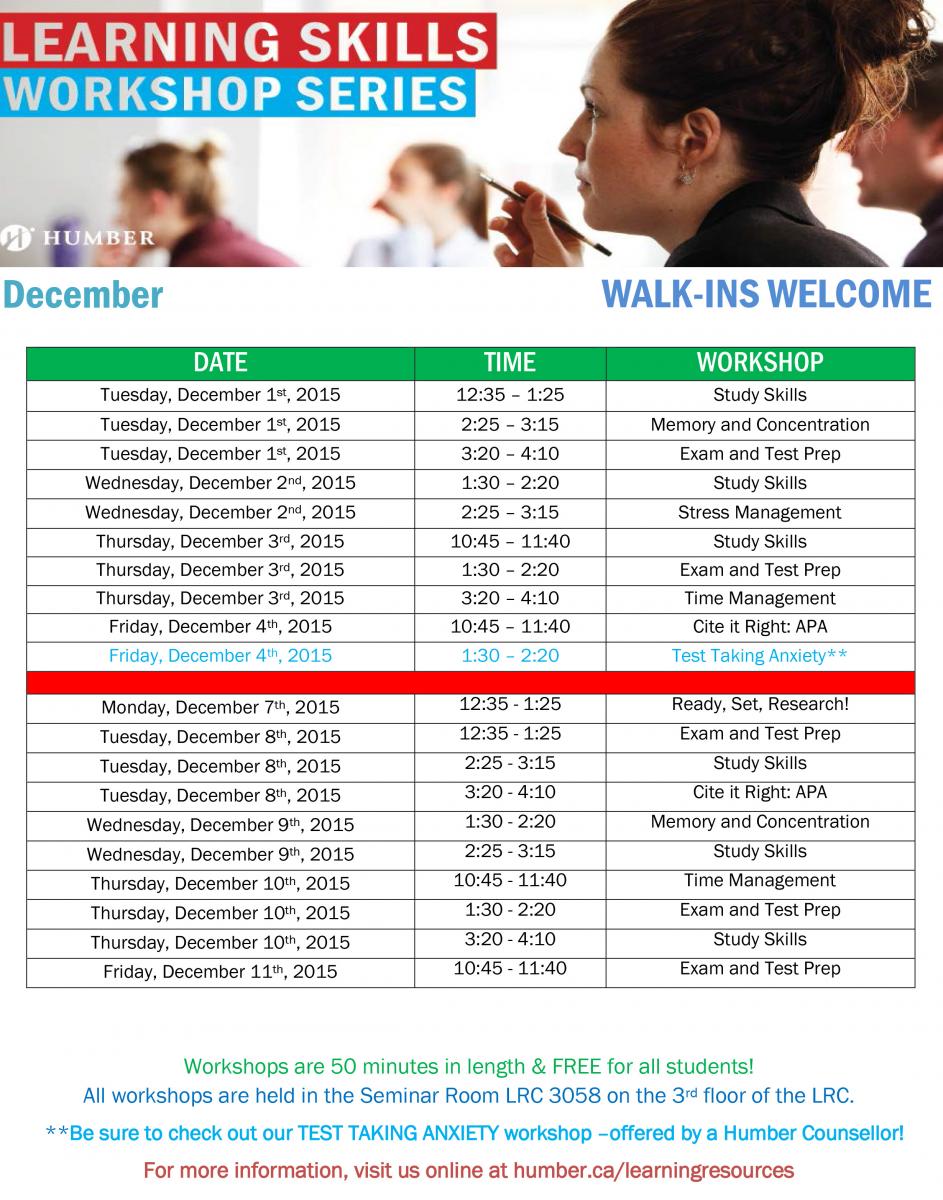 Learning Skills December Calendar North Campus Humber